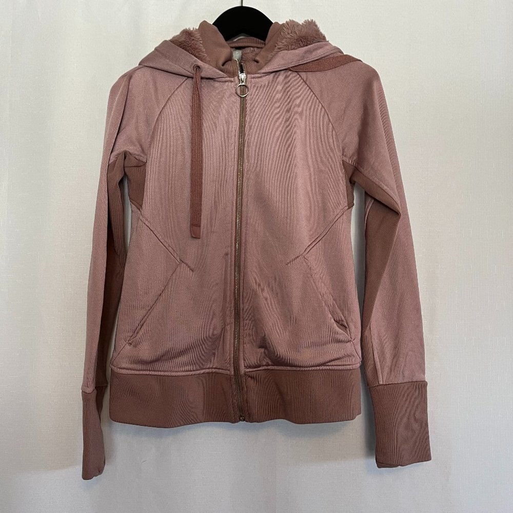 Athleta Long Sleeve Full Zip Hooded Jacket w/ Faux Fur Hood Mauve Size Xsmall